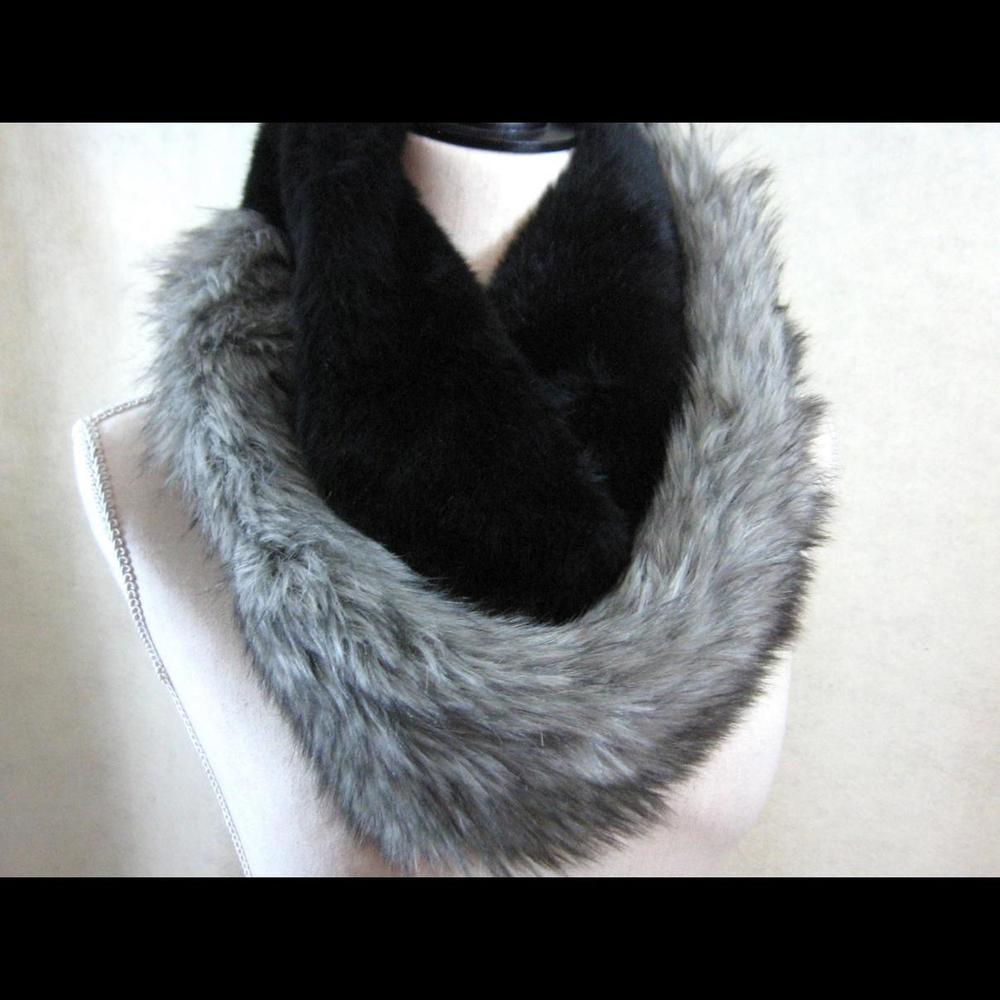 Faux Fur Scarf Black Gray Silver Neck Wrap Infinity Scarf